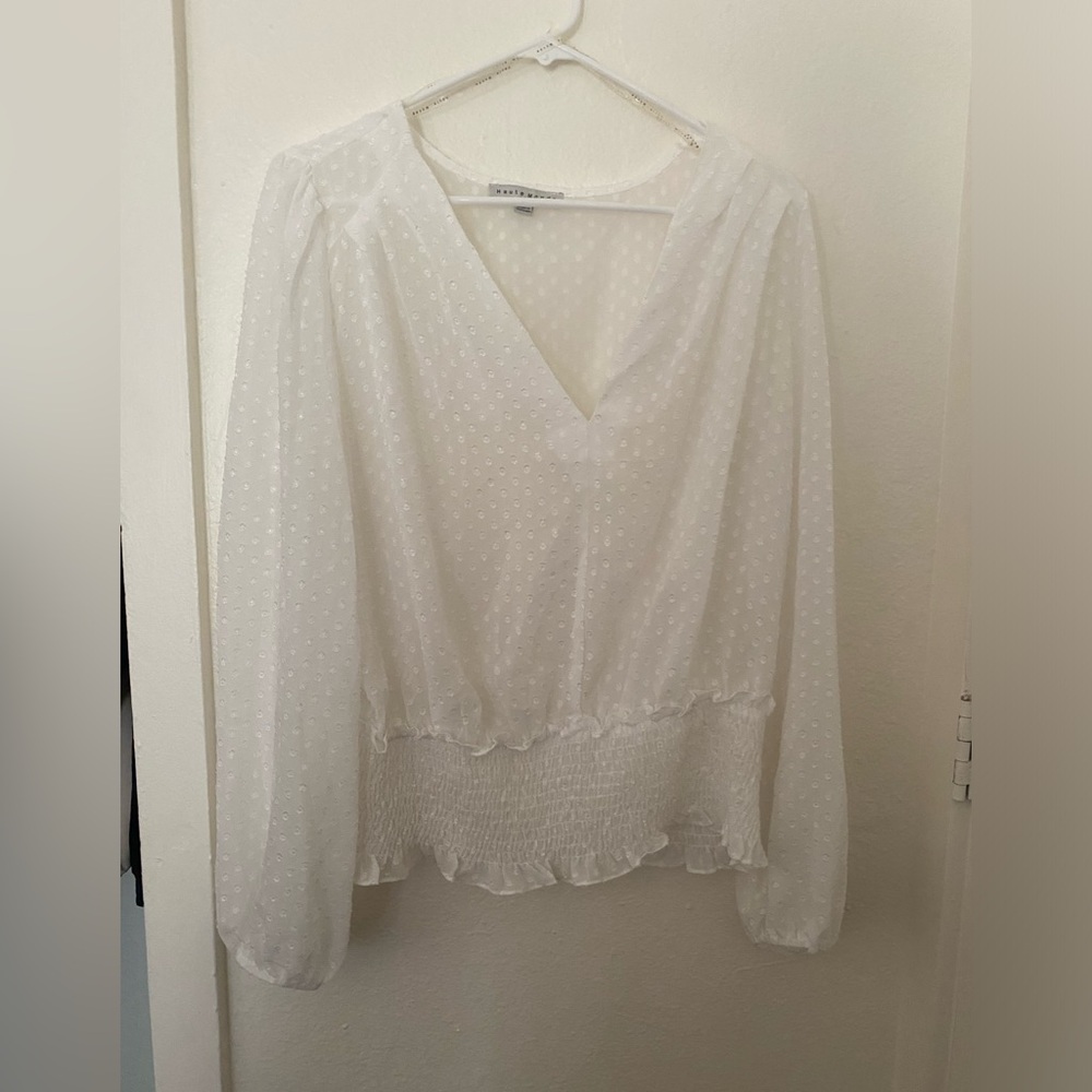 Haute Monde Women’s White V-Neck Balloon Sleeve Smocked Blouse Top Size 1XL